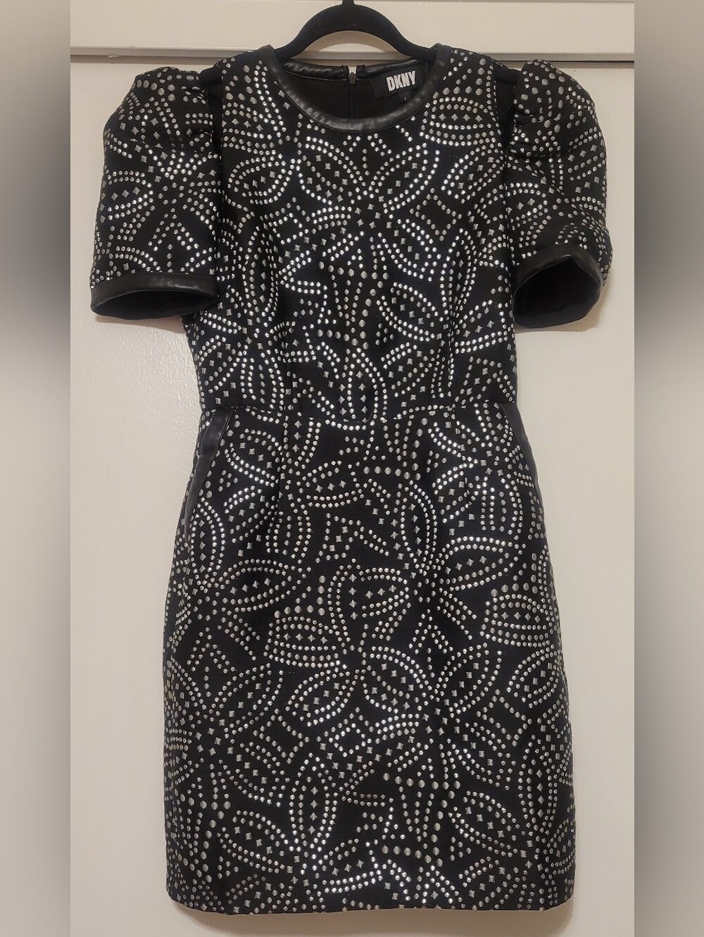 DKNY Puff Sleeve Metallic Jacquard Mini Dress Size 2 Black Silver Faux Leather T